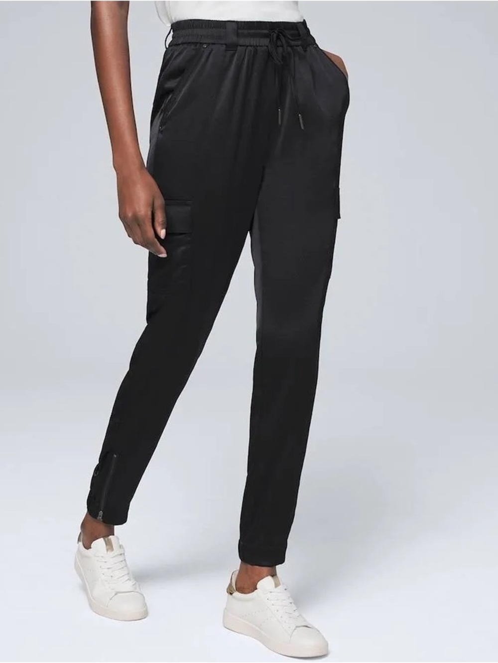WHBM Black Women's Satin Drawstring Cargo Jogger Pants